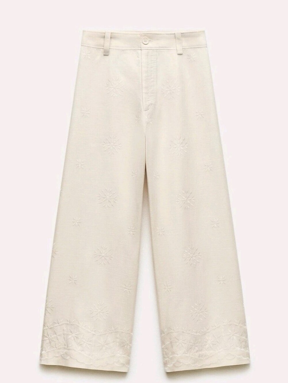 ZARA Embroidered Linen Blend Crop Pants Cream Medium